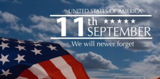 American flag with text commemorating September 11