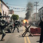 Cartel TRAPS Foreign Soldiers—Passport Seized, No Escape… A chaotic urban scene with armed soldiers and an explosion in the background