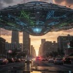 Grammy Winner’s Terrifying 45-Minute UFO Chase… A large UFO hovering above a city street during sunset