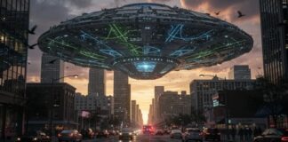 A large UFO hovering above a city street during sunset