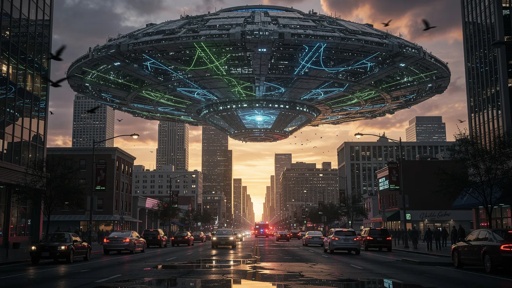 shutterstock_2762523231.jpg A large UFO hovering above a city street during sunset