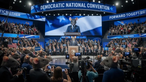 shutterstock_2771072517.jpg A speaker at a podium surrounded by an audience wearing mouse masks at a political convention