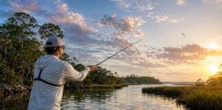 Person fishing at sunset on a calm river