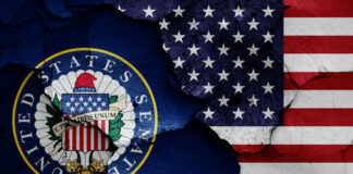 United States Senate seal and American flag, cracked paint.