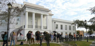 People gathered outside the Colleton County Courthouse.