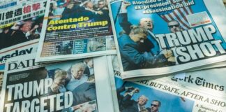 Various newspaper headlines reporting on an assassination attempt against Trump