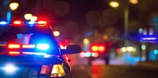 Police car with flashing lights parked on a city street at night