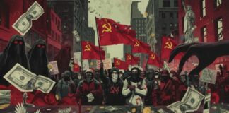 A crowd of protesters holding communist flags and money in a city setting
