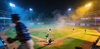 Baseball game in progress at night with players on the field