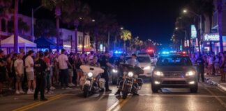 Police officers managing a crowd on a busy street at night