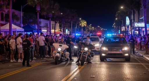 A,Roucous,Upclose,Scene,Of,Police,Shutting,Down,A,Wild Police officers managing a crowd on a busy street at night