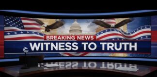 News studio backdrop featuring eagles and the Capitol building with the text 'Witness to Truth'