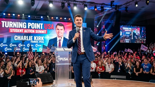 A speaker addressing a large audience at a political event