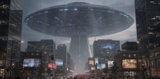 A large UFO hovering over a city street with people looking up in awe