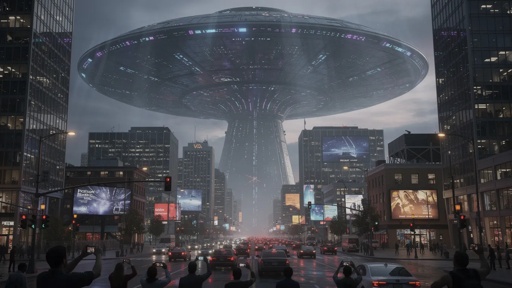 Realistic,Huge,Alien,Space,Craft,Hovering,Over,American,City A large UFO hovering over a city street with people looking up in awe