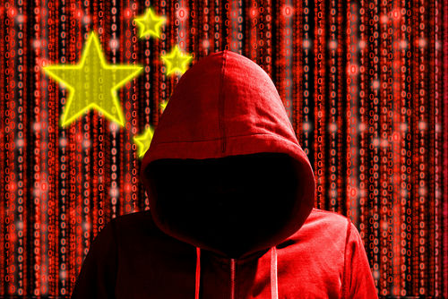 shutterstock_596787797.jpg A hooded figure in a red hoodie against a backdrop of binary code and stars representing China