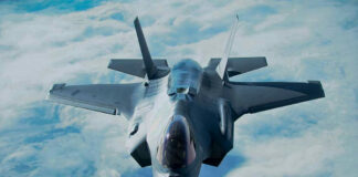 Stealth fighter jet flying above the clouds.