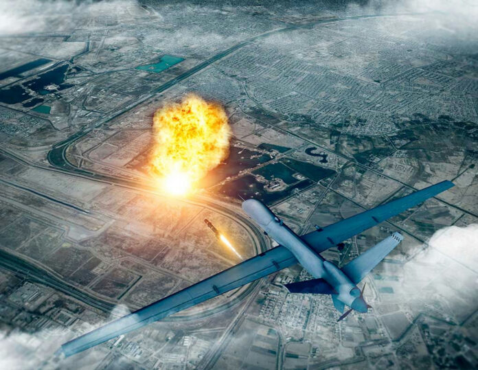 1604958805 Drone launching missile with explosion on ground.