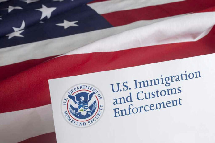 U.S. Immigration and Customs Enforcement document on American flag.