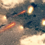 Military jets conducting an airstrike over a city with explosions visible