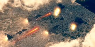 Military jets conducting an airstrike over a city with explosions visible