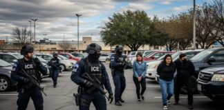 ICE agents conducting an arrest in a parking lot
