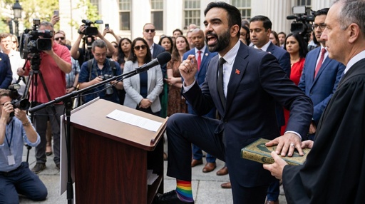 A speaker at a podium passionately addressing a crowd, wearing rainbow socks