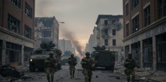 Soldiers walking through a devastated urban street with military vehicles
