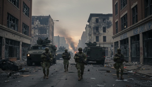 Federal,Troops,Storming,The,Dead,Streets,Of,Minneapolis Soldiers walking through a devastated urban street with military vehicles