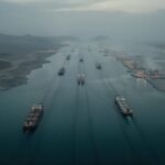 Trump’s VIP Convoys: Who Pays, Who Profits? Aerial view of cargo ships navigating a shipping channel