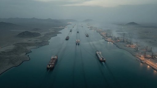 An,Eerie,Ariel,Of,The,Strait,Of,Hormuz Aerial view of cargo ships navigating a shipping channel