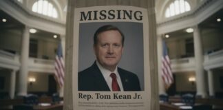 Missing person poster of Rep. Tom Kean Jr. displayed in a government building