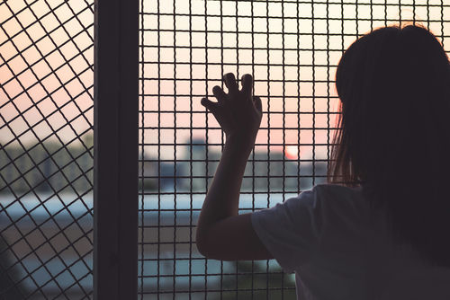 Person looking out through metal fence at sunset.
