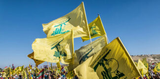 People waving Hezbollah flags at a large outdoor gathering.