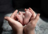 Hands holding newborn babys feet.