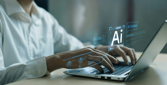 2459250951 Hands typing on laptop with AI holograms.