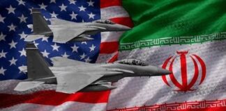Two fighter jets overlaid on U.S. and Iranian flags