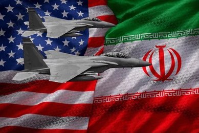 Two fighter jets overlaid on U.S. and Iranian flags