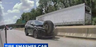 Video captures tire flying across I-76 before slamming into SUV in Philadelphia