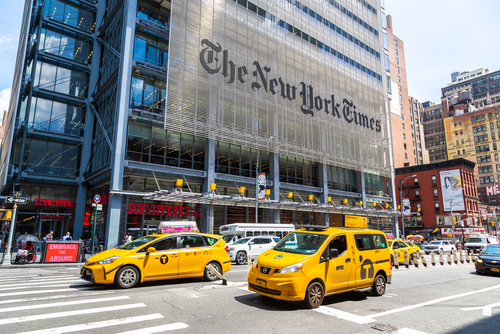 New,York,City,,Usa,-,March,15,,2020:,The,New Busy street scene in New York City with yellow taxis and The New York Times building