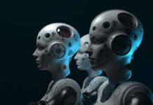 row of humanoid robots with mechanical heads in profile