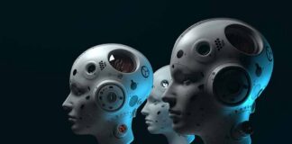 row of humanoid robots with mechanical heads in profile