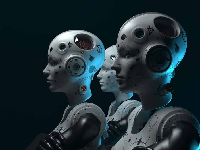shutterstock_1937010166 row of humanoid robots with mechanical heads in profile
