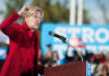 Elizabeth Warren passionately speaking at a political rally