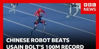 Historic first as Chinese robot beats Usain Bolt's 100m world record at Beijing games | BBC News