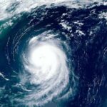Satellite view of a powerful hurricane swirling over the ocean
