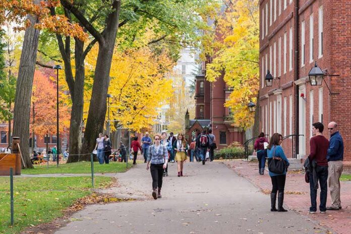 shutterstock_193437935 Students walking through a leafy campus path in autumn