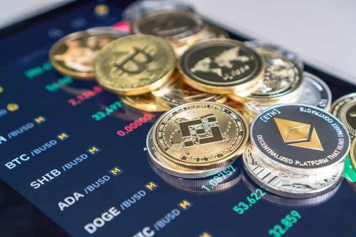Stack of cryptocurrency coins on a trading app screen