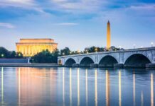 Felony Collapses—What Did Feds Miss? Arlington Memorial Bridge with Lincoln Memorial and Washington Monument at dusk