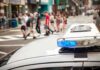 police car roof light bar with blue lights near a busy crosswalk